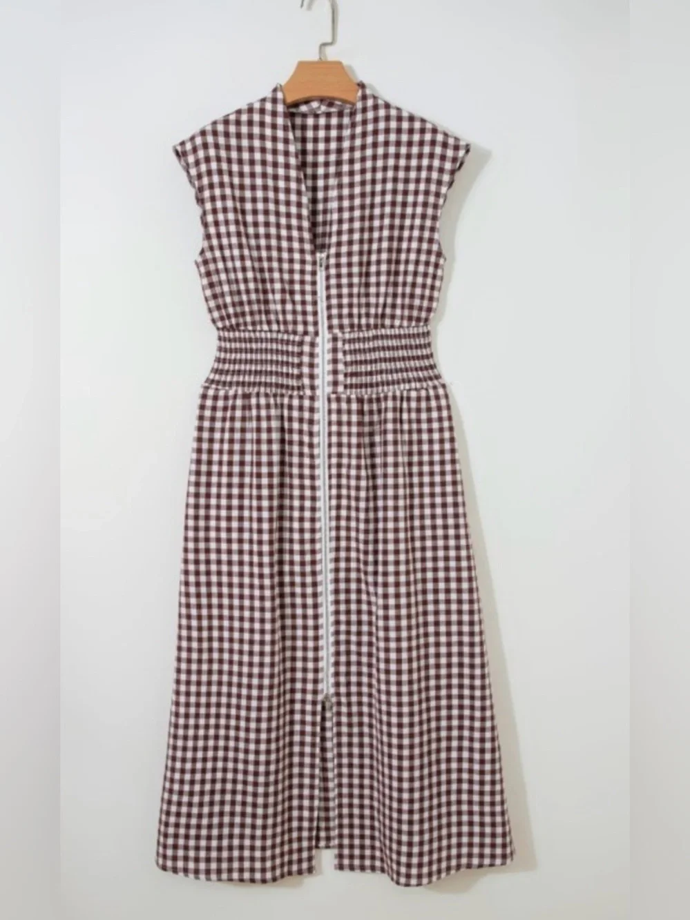 entro Brown and White Gingham Maxi Dress with Front Zip - Picture 3 of 5